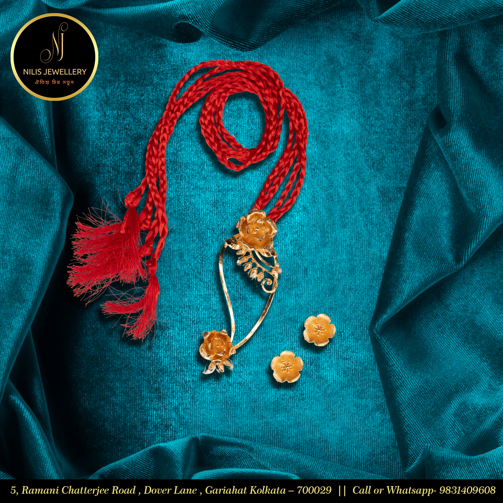 Large Kalka Motif Necklace – Brushed Polish with Hand-Threaded Floral Work