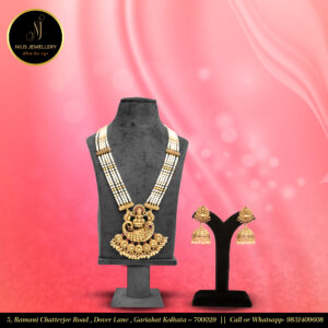 Long Rani Haar Set – Antique Gold Polish with Lakshmi Ji Pendant & Ruby Design