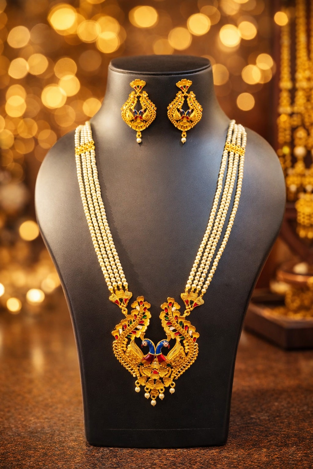 Long Pearl Necklace with Meenakshi Design