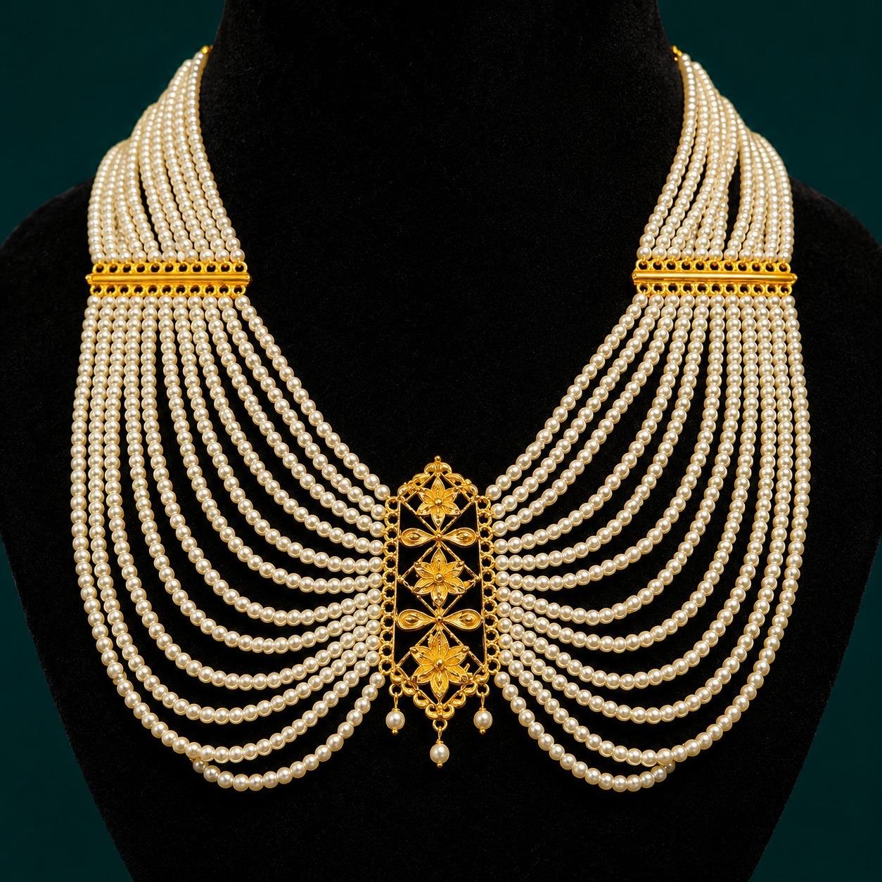 12-Line Pearl Heavy Lahori Necklace Set with Ear Piece - #44 - Image 4