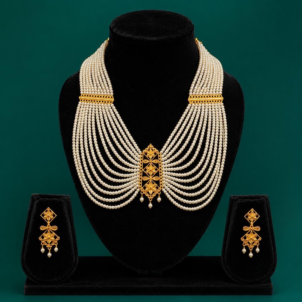12-Line Pearl Heavy Lahori Necklace Set with Ear Piece - #44