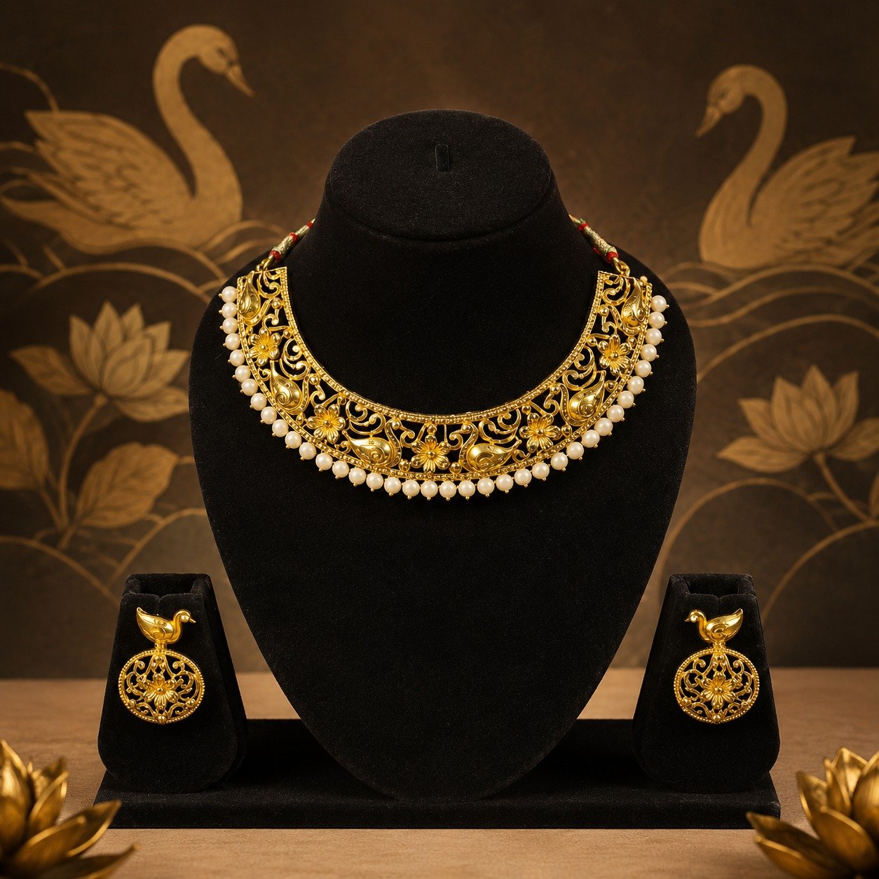 1.5 Gram Golden Pearl Dust Mine Duck Necklace Set with Earrings -#16