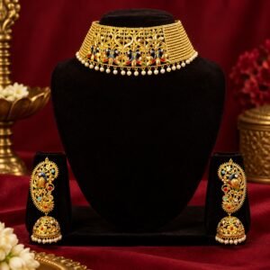 1.5 GM Antique Meena & Pearl Sabeki Crown Choker Set with Full Kan Jhumko #114