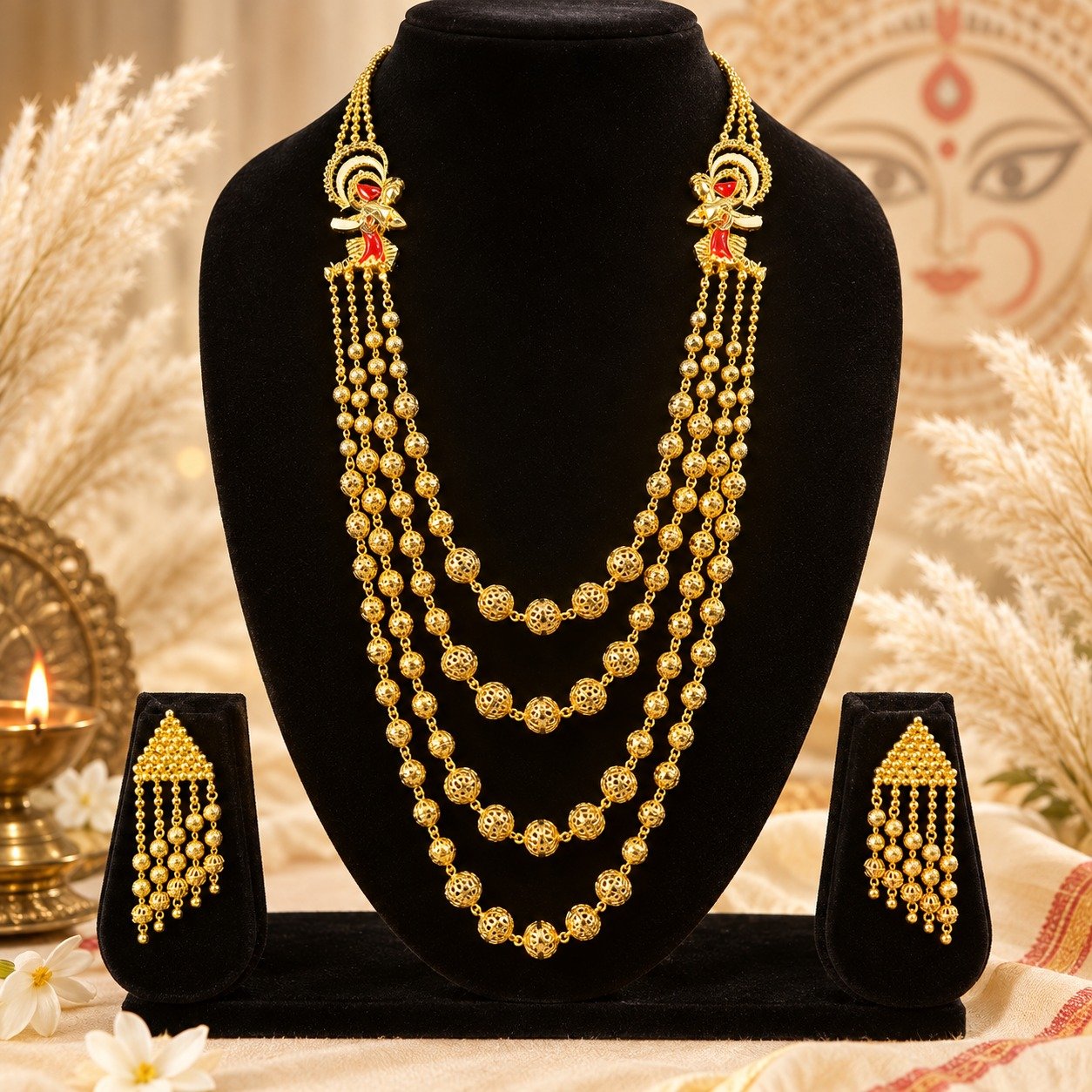 1.5 GM Golden & Meena 4-Layer Designer Dhaki Lohori Set with Earrings #113